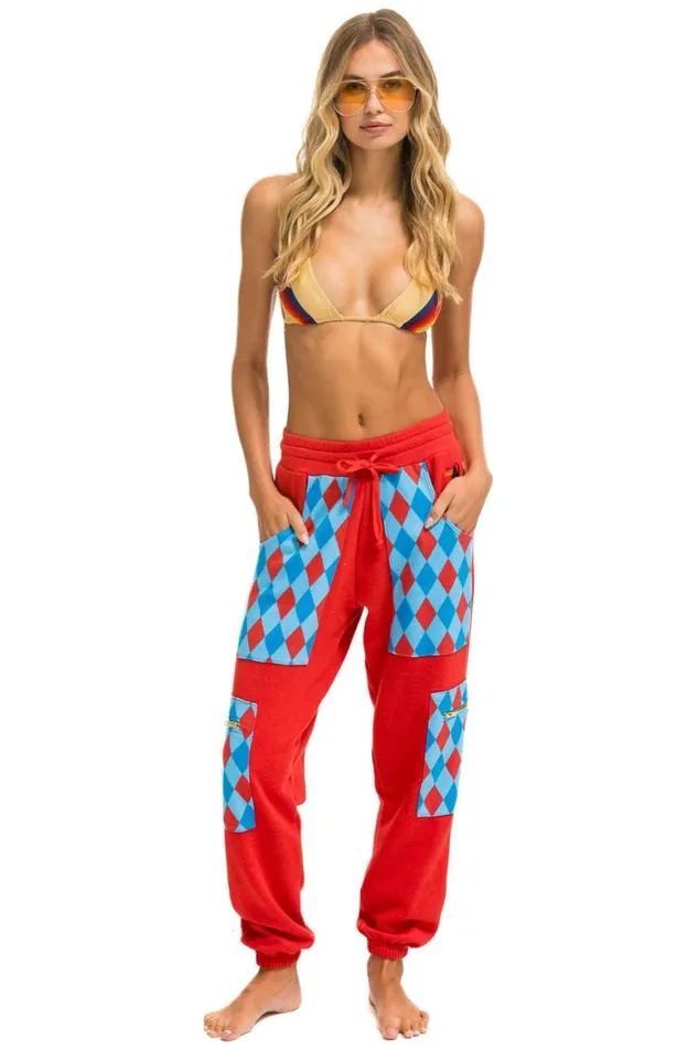 Women Sweatpants Aviator Nation Diamond Smiley 2 Embroidery Cargo Color Block Sweatpants 8211 Red Sky