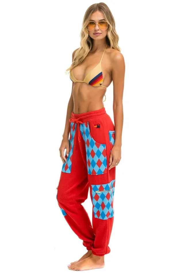 Women Sweatpants Aviator Nation Diamond Smiley 2 Embroidery Cargo Color Block Sweatpants 8211 Red Sky