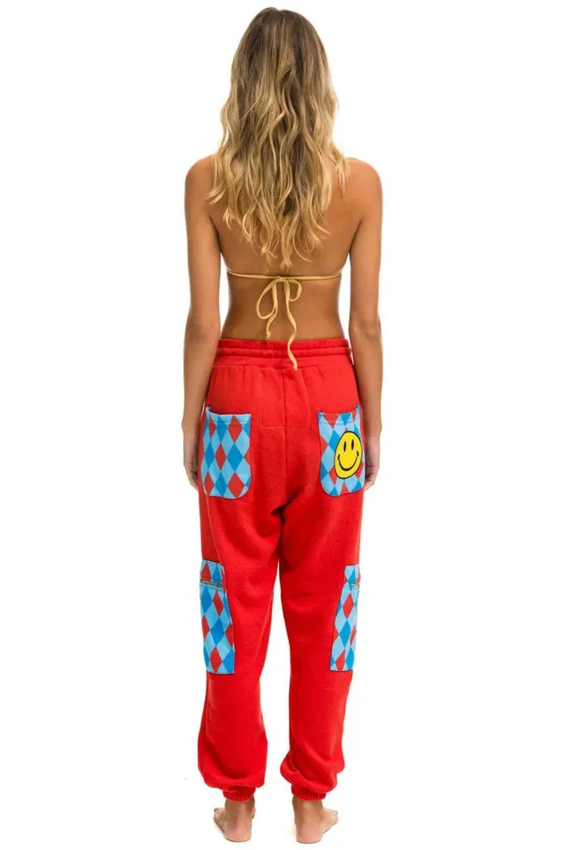 Women Sweatpants Aviator Nation Diamond Smiley 2 Embroidery Cargo Color Block Sweatpants 8211 Red Sky