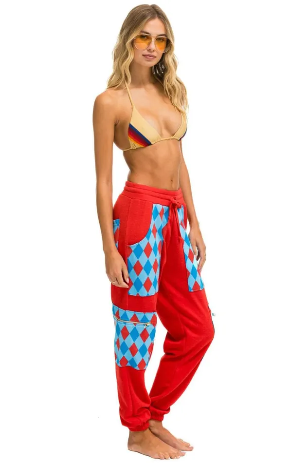 Women Sweatpants Aviator Nation Diamond Smiley 2 Embroidery Cargo Color Block Sweatpants 8211 Red Sky