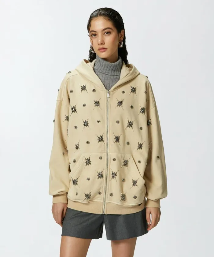 Women Sweatshirts Pinko Hoodie With Jewel Embroidery Fog Beige