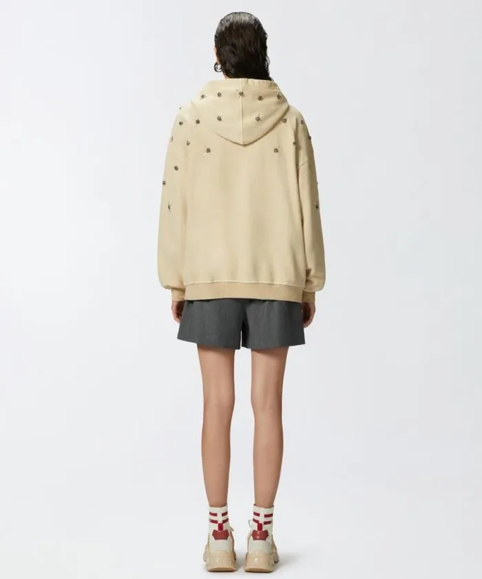 Women Sweatshirts Pinko Hoodie With Jewel Embroidery Fog Beige Women Sweatshirts Pinko Hoodie With Jewel Embroidery Fog Beige
