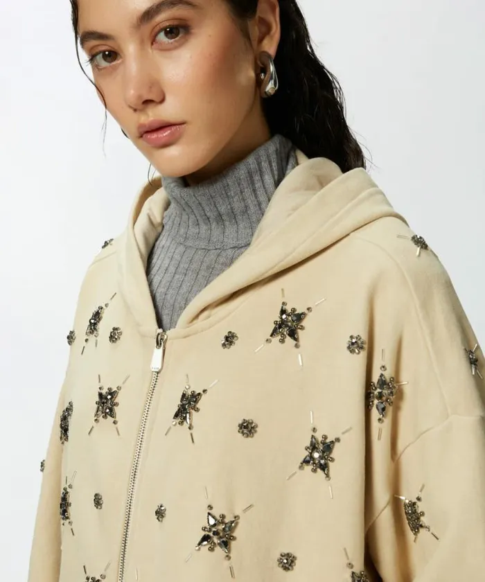 Women Sweatshirts Pinko Hoodie With Jewel Embroidery Fog Beige Women Sweatshirts Pinko Hoodie With Jewel Embroidery Fog Beige