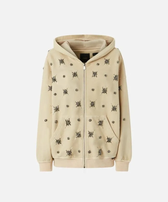 Women Sweatshirts Pinko Hoodie With Jewel Embroidery Fog Beige Women Sweatshirts Pinko Hoodie With Jewel Embroidery Fog Beige