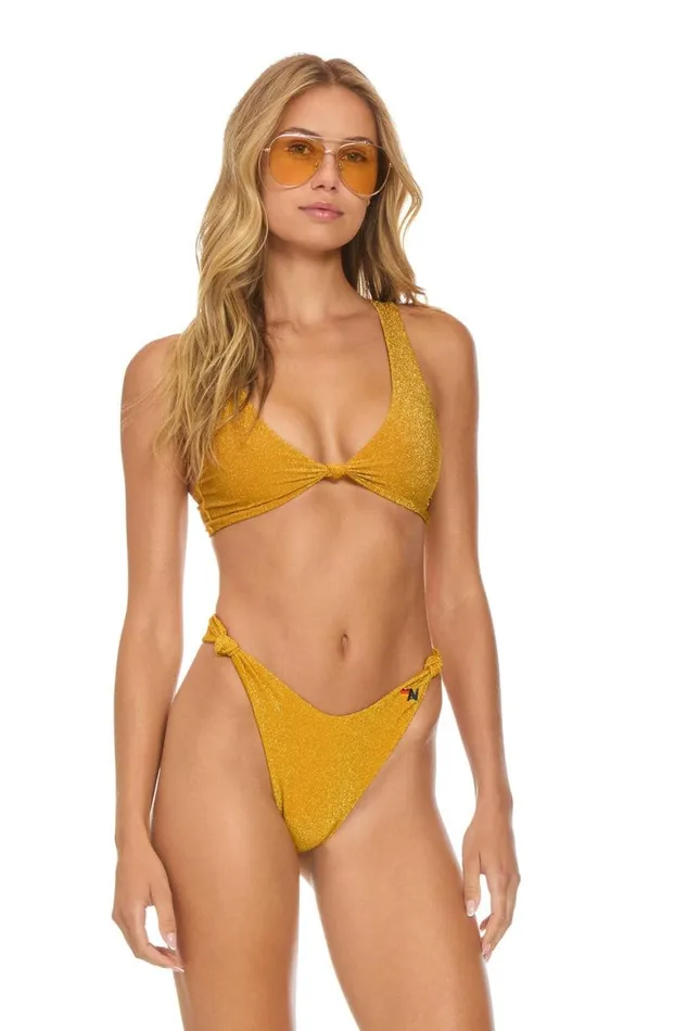 Women Swim Tops Aviator Nation Sparkle Riviera Knot Front Top Bikini Top 8211 Gold