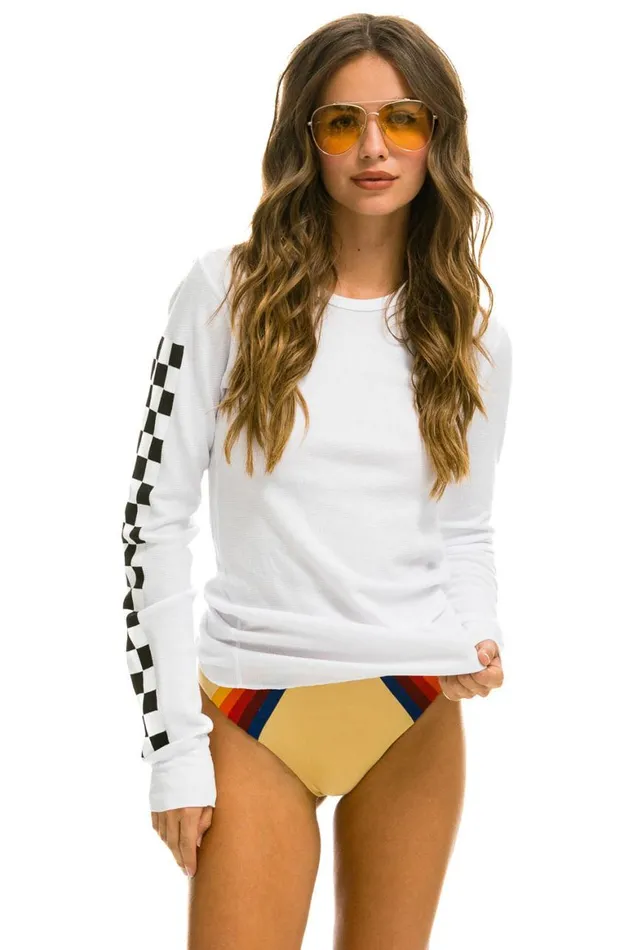 Women Tees Aviator Nation Check Sleeve Thermal 8211 White