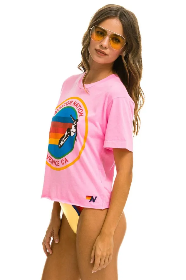 Women Tees Aviator Nation Signature Boyfriend Tee 8211 Neon Pink