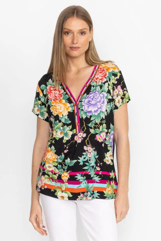 Women THE JANIE FAVORITE BUTTON NECK TEE Le Jardin Scarf Print Johnny Was Tops Women THE JANIE FAVORITE BUTTON NECK TEE Le Jardin Scarf Print Johnny Was Tops