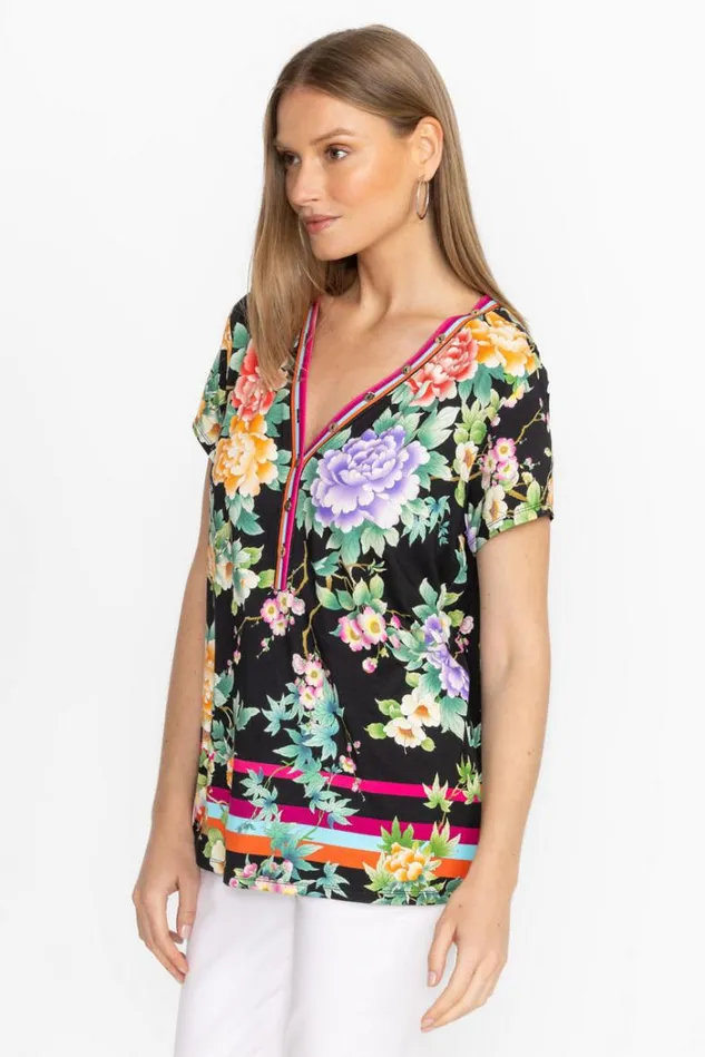 Women THE JANIE FAVORITE BUTTON NECK TEE Le Jardin Scarf Print Johnny Was Tops Women THE JANIE FAVORITE BUTTON NECK TEE Le Jardin Scarf Print Johnny Was Tops