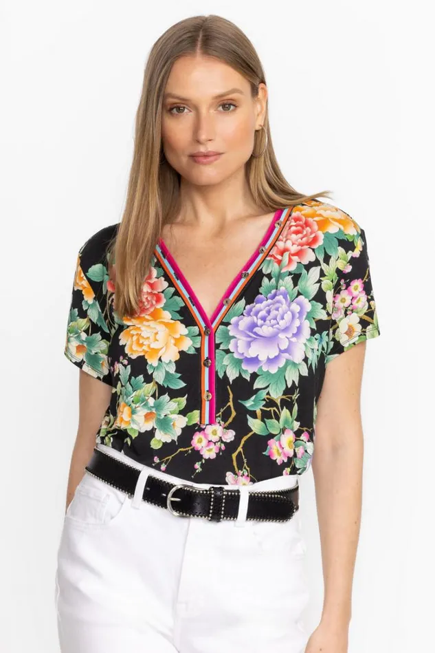 Women THE JANIE FAVORITE BUTTON NECK TEE Le Jardin Scarf Print Johnny Was Tops Women THE JANIE FAVORITE BUTTON NECK TEE Le Jardin Scarf Print Johnny Was Tops