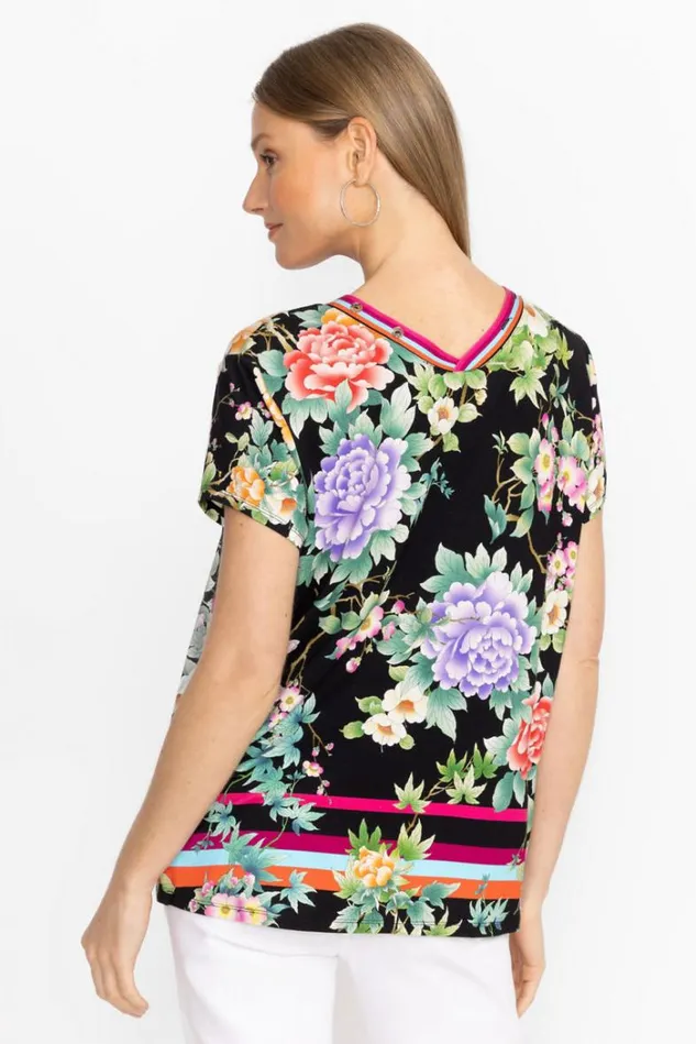 Women THE JANIE FAVORITE BUTTON NECK TEE Le Jardin Scarf Print Johnny Was Tops Women THE JANIE FAVORITE BUTTON NECK TEE Le Jardin Scarf Print Johnny Was Tops