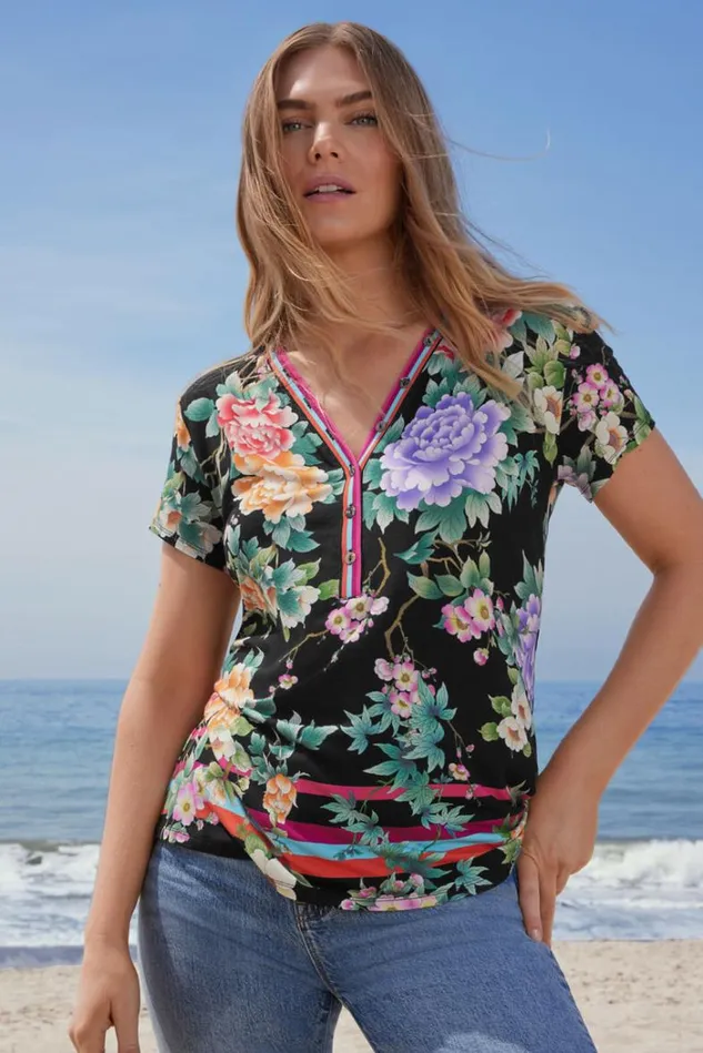 Women THE JANIE FAVORITE BUTTON NECK TEE Le Jardin Scarf Print Johnny Was Tops Women THE JANIE FAVORITE BUTTON NECK TEE Le Jardin Scarf Print Johnny Was Tops