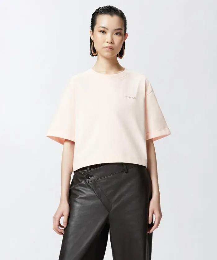 Women Topwear Pinko Cropped Tshirt With Embroidered Logo Pinkpale Chestnut Brown Women Topwear Pinko Cropped Tshirt With Embroidered Logo Pinkpale Chestnut Brown