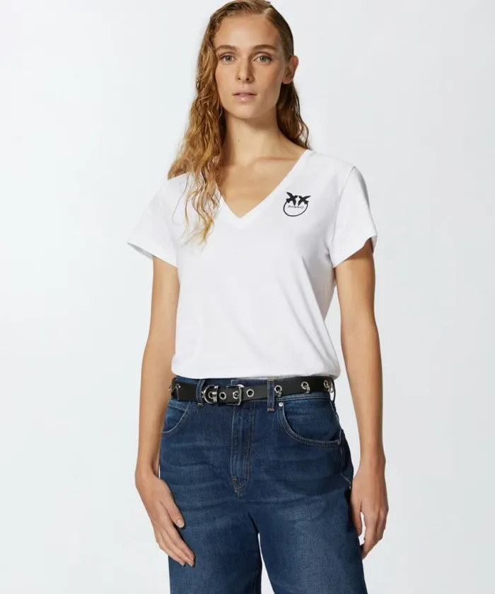 Women Topwear Pinko Logo Print Vneck Tshirt Bright White