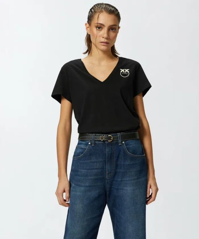 Women Topwear Pinko Logo Print Vneck Tshirt Limo Black