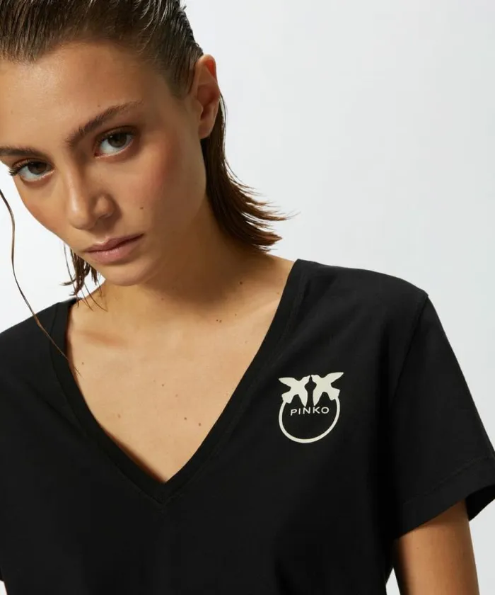 Women Topwear Pinko Logo Print Vneck Tshirt Limo Black Women Topwear Pinko Logo Print Vneck Tshirt Limo Black