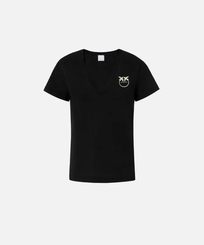 Women Topwear Pinko Logo Print Vneck Tshirt Limo Black Women Topwear Pinko Logo Print Vneck Tshirt Limo Black