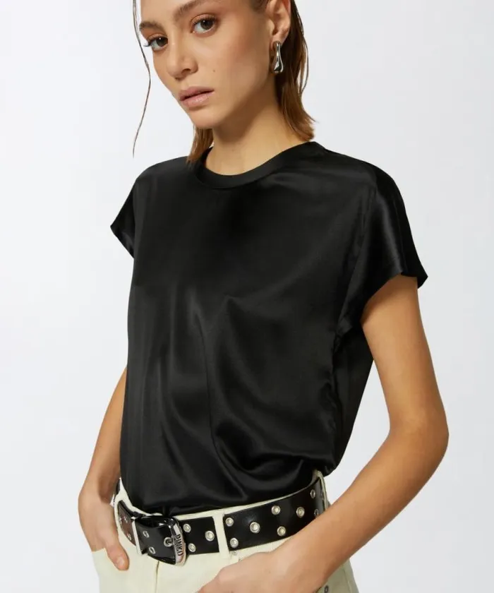 Women Topwear Pinko Silkblend Shortsleeved Blouse Limo Black Women Topwear Pinko Silkblend Shortsleeved Blouse Limo Black