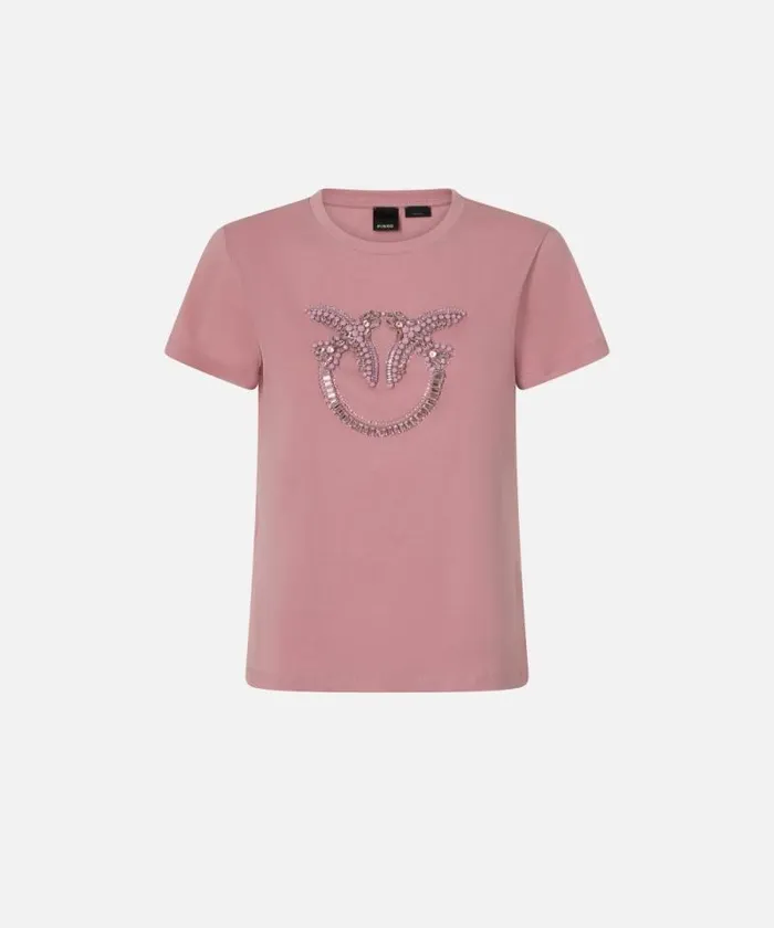 Women Topwear Pinko Tshirt With Crystalembroidered Love Birds Logo Zephyr Pink Women Topwear Pinko Tshirt With Crystalembroidered Love Birds Logo Zephyr Pink