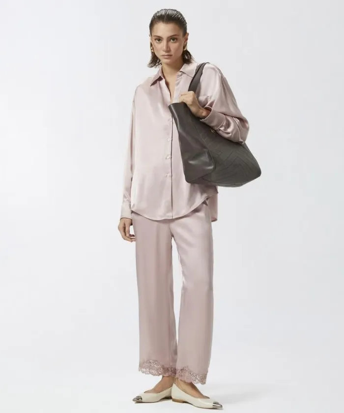 Women Trousers Pinko Satin Palazzo Trousers With Lace At The Bottom Zephyr Pink Women Trousers Pinko Satin Palazzo Trousers With Lace At The Bottom Zephyr Pink