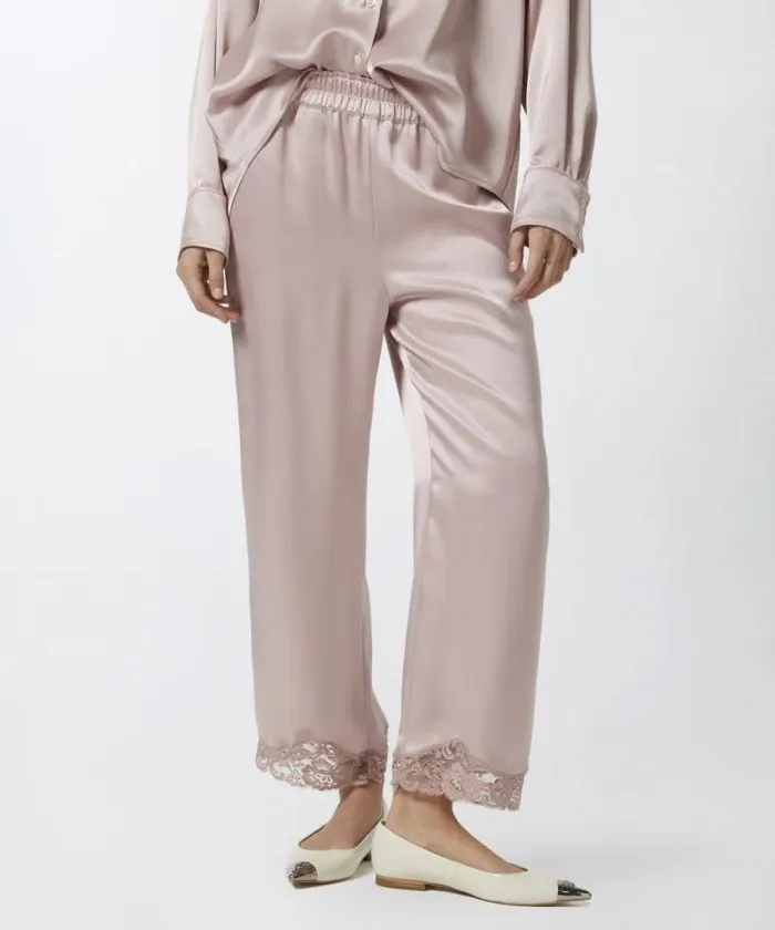 Women Trousers Pinko Satin Palazzo Trousers With Lace At The Bottom Zephyr Pink Women Trousers Pinko Satin Palazzo Trousers With Lace At The Bottom Zephyr Pink