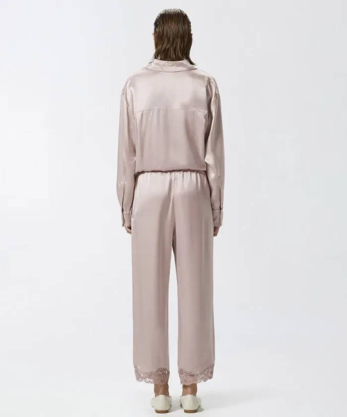 Women Trousers Pinko Satin Palazzo Trousers With Lace At The Bottom Zephyr Pink Women Trousers Pinko Satin Palazzo Trousers With Lace At The Bottom Zephyr Pink