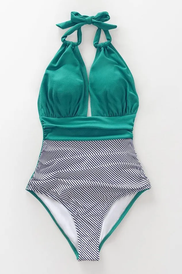 Women Tummy Control Swimsuits Cupshe Aqua Textured And Striped Halter One Piece Swimsuit Aqua