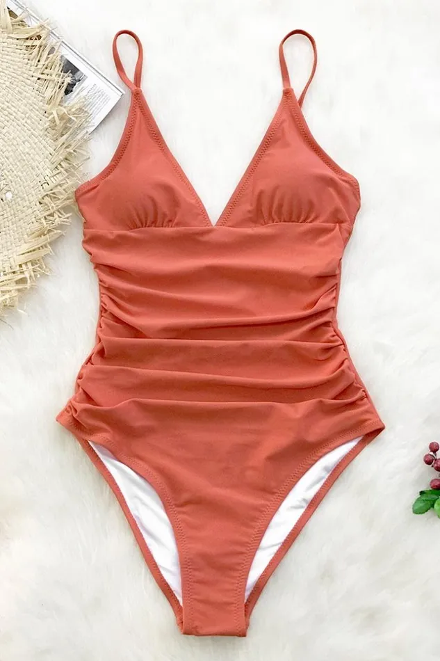 Women Tummy Control Swimsuits Cupshe Bright Day Shirring One Piece Swimsuit Orange