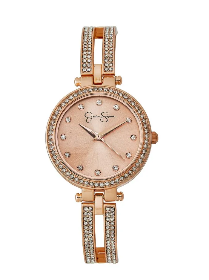 Women Watches Jessica Simpson Rose Gold Tone Crystal Double Arm Bangle Watch