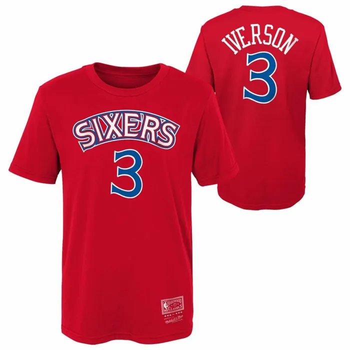 Youth Big Kids Mitchell and Ness Name and Number Tee Philadelphia 76ers Allen Iverson Youth Big Kids Mitchell and Ness Name and Number Tee Philadelphia 76ers Allen Iverson